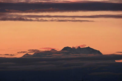 Scenic view of mountains against cloudy sky at sunset