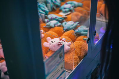 High angle view of stuffed toys in vending machine