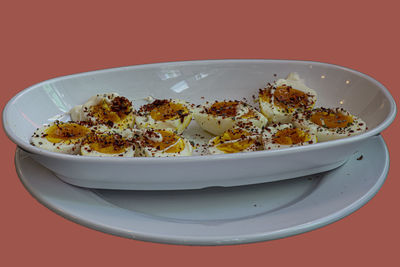 High angle view of salad in bowl on table