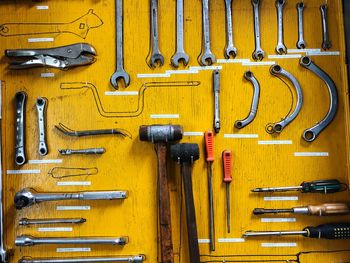 Various tools arranged on yellow wall
