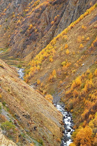 Scenic view on river in the valley between mountains with colorful autumn forest. 