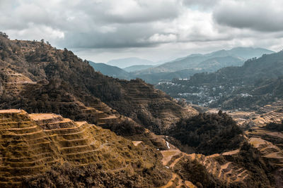 Scenic view of mountains against cloudy sky