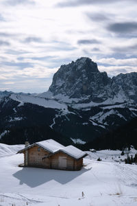 Scenic view of snowcapped mountains against sky. winter hike around seceda, south tyrol, italy