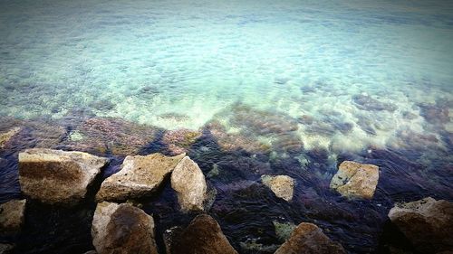 High angle view of rocks by sea