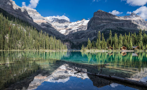 Scenic view of lake and snowcapped mountains against sky