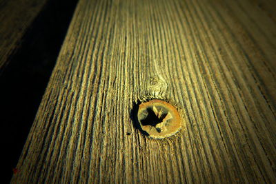 High angle view of wooden plank on table