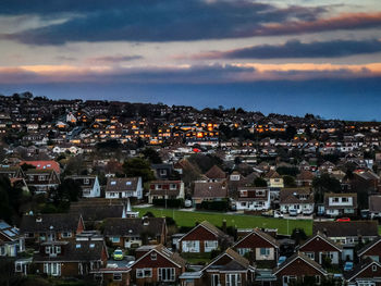 High angle view of townscape against sky during sunset