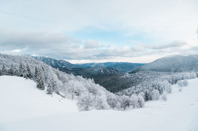 Scenic view of snowcapped mountains against sky