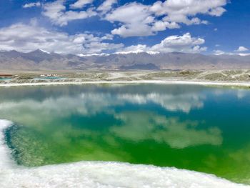 Scenic view of lake against cloudy sky