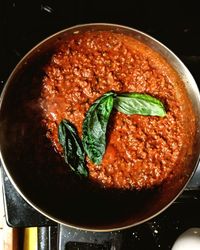 High angle view of food in cooking pan