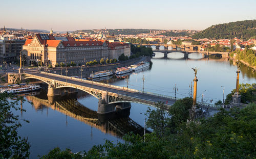 High angle view of bridge over river in city against sky