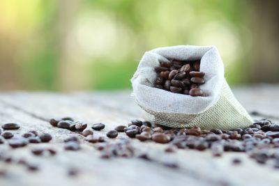 Close-up of coffee beans on table