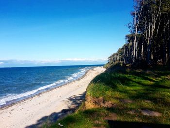 Scenic view of beach against clear blue sky