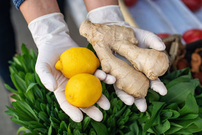 The concept of safe shopping. a woman in disposable gloves buys lemon and ginger. grocery store 