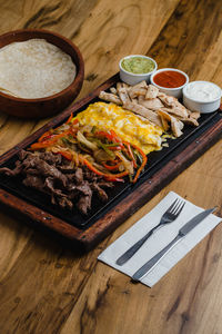 High angle view of meal served on table