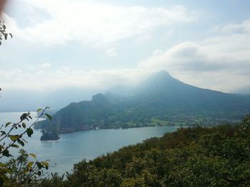 Scenic view of mountains against cloudy sky