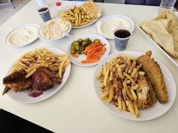 High angle view of food served on table