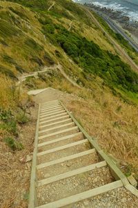 High angle view of steps and railroad track