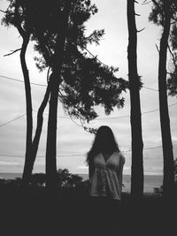 Rear view of silhouette woman standing by tree against sea