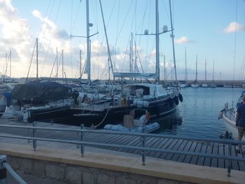 Boats moored at harbor