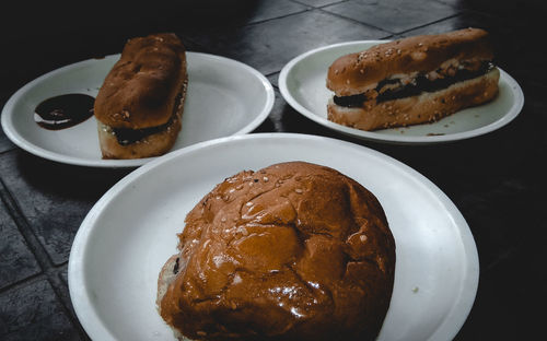 High angle view of breakfast served on table