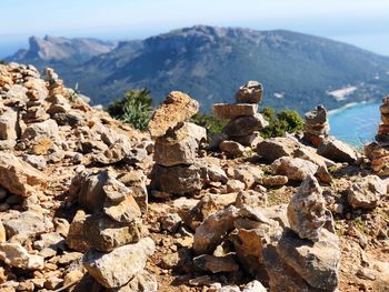 Scenic view of rocks and sea against sky