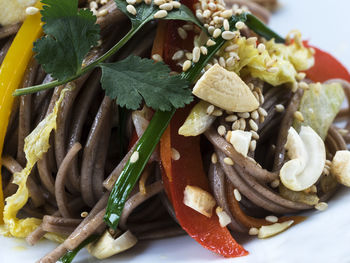 Close-up of soba served in plate