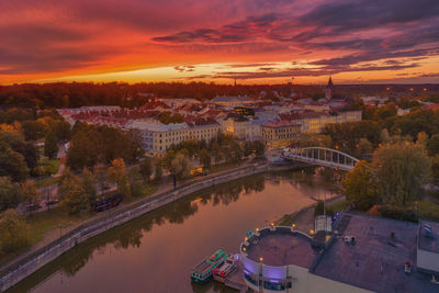 High angle view of cityscape against sky during sunset