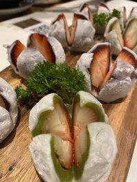 High angle view of fish in plate on table