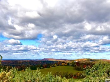 Scenic view of field against cloudy sky