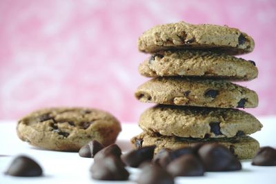 Close-up of chocolate chip cookies on table