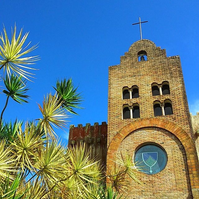 building exterior, architecture, built structure, clear sky, blue, low angle view, religion, copy space, church, tower, place of worship, house, spirituality, tree, day, green color, plant, growth, sunlight