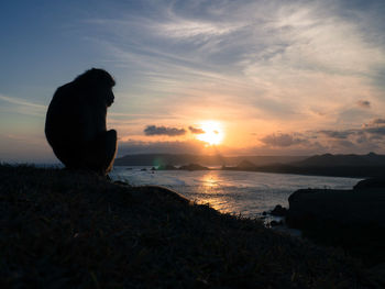 Silhouette man sitting on rock by sea against sky during sunset