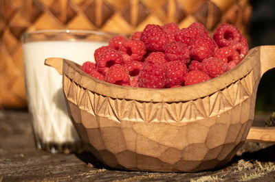 Close-up of strawberries in bowl on table