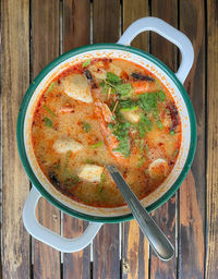 High angle view of soup in bowl on table