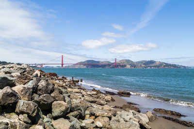 Scenic view of bay against sky