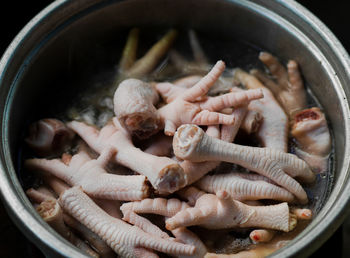 High angle view of meat in container