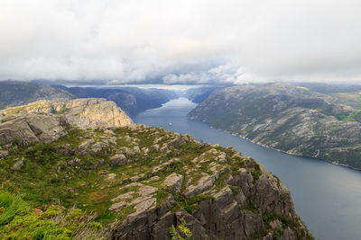 Scenic view of river and mountains against sky