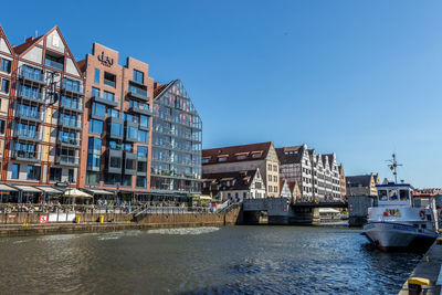 Buildings by river against clear sky in city