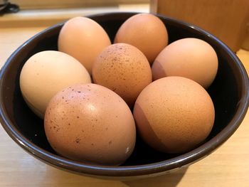 Close-up of eggs in bowl on table