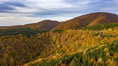 Scenic view of mountains against sky during autumn