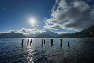 Scenic view of lake and mountains against sky