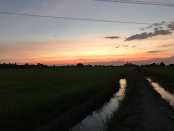 Scenic view of agricultural field against sky at sunset