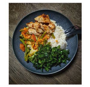 High angle view of food in plate on table