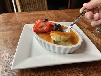 High angle view of breakfast in plate on table