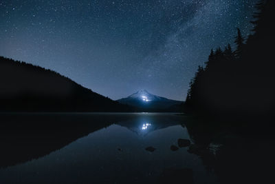Scenic view of illuminated mountain reflecting in lake at night