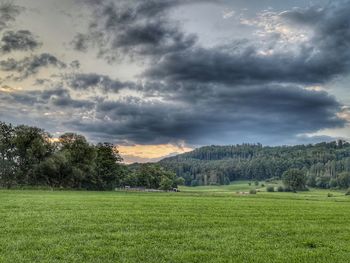 Scenic view of field against cloudy sky