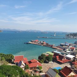 High angle view of sea by buildings against sky