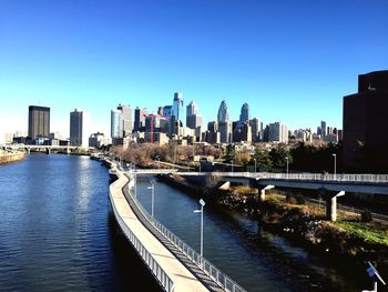 Schuylkill river in city against clear sky