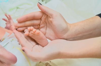 Cropped hands of woman around baby feet